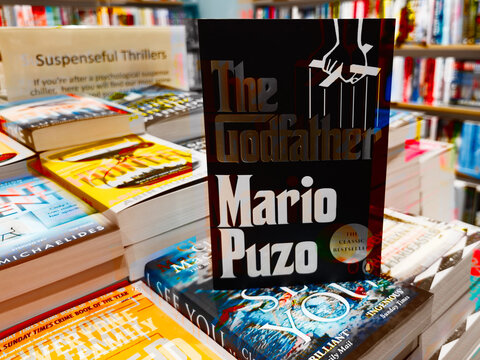 The Godfather by Mario Puzo on display in a busy bookstore shelf