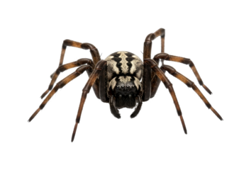 Detailed macro shot of a spider with intricate patterns on its body and hairy legs, captured in sharp focus, showcasing its fascinating arachnid features.