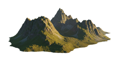 Majestic mountain range peaks rise dramatically with lush green slopes illuminated by warm sunlight, creating a breathtaking natural landscape.