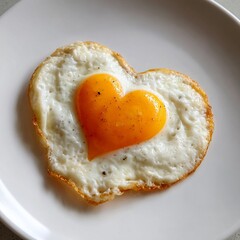 Fried egg with heart-shaped white and yolk, seen from above on a white plate. Image with copyspace