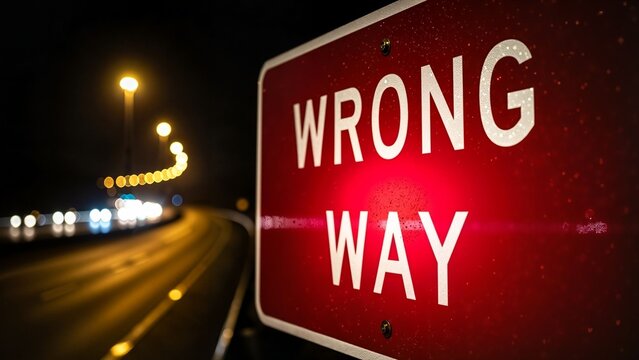 Red wrong way traffic sign illuminated at night on highway  