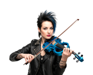 Female musician plays a vibrant blue electric violin with a bow, showcasing her unique punk-rock style and confident artistic expression.