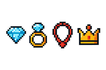 Colorful pixel art jewelry and crown icons on white background