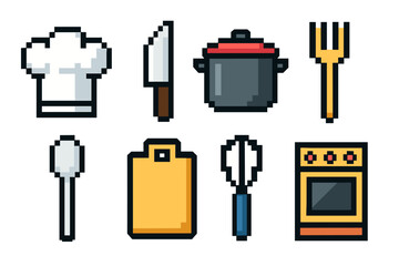 Pixel art kitchen icons: chef hat, knife, pot, utensils, oven