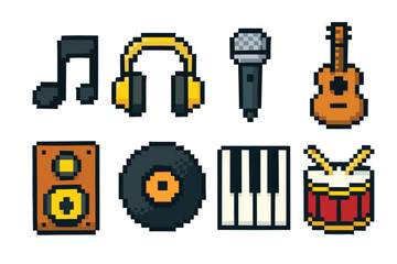 Music icons in retro pixel art style: headphones, microphone, guitar, and more
