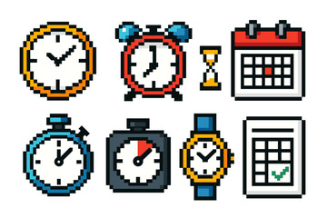 Pixel art clock icons: alarm, stopwatch, calendar, hourglass set