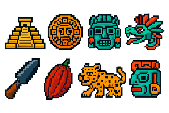 Colorful pixel art icons depicting ancient mesoamerican symbols and artifacts