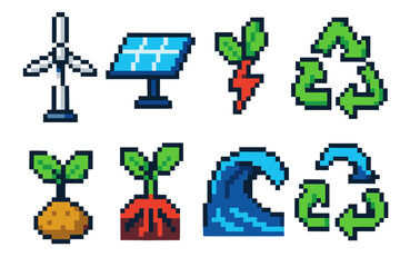 Obraz premium Pixel art renewable energy: wind, solar, recycling, and nature icons