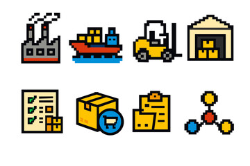 Obraz premium Pixel art logistics icons: factory, ship, forklift, warehouse, checklist, box, documents, network