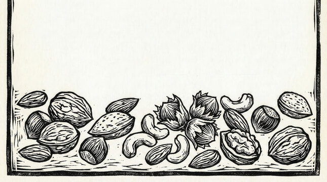 Black ink illustration of walnut, almond, cashew and hazelnut. Healthy snack, autumn harvest and rustic design template.