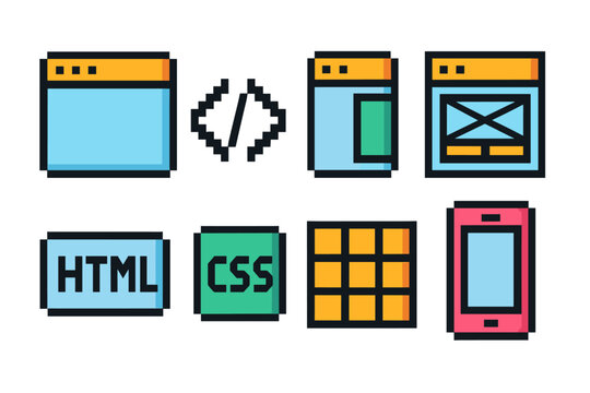 Colorful icon set of web development elements including html, css, design interface, and grid layout