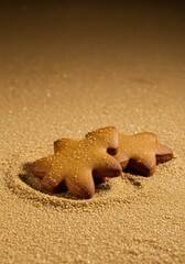 Delicious festive gingerbread cookies resting on a grainy, sandy sugar background. The spiced brown biscuits contrast beautifully with the rough tan texture ,grainy ,shape ,food