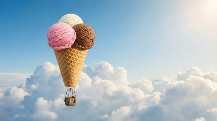 Fantasy travel concept with three scoops of gelato on waffle cone transporting tiny people in basket. Dreamy summer vacation 3D illustration.