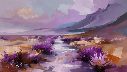 Colorful abstract landscape painting depicting a river, mountains, and vibrant purple flowers.