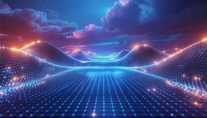 Futuristic glowing grid landscape with neon lights and surreal sky at sunset.