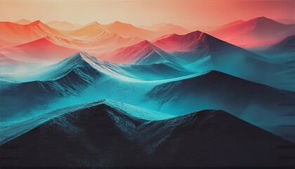 Vibrant abstract landscape with surreal colorful mountain peaks and misty atmosphere.