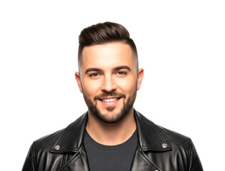 Obraz premium Attractive young man with a modern haircut and well-groomed beard smiling brightly and looking directly at the camera with a friendly expression.