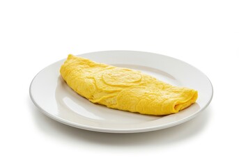 Delicious fluffy yellow omelet centered on a plain white ceramic plate isolated against a clean white studio background, eggs, china, breakfast