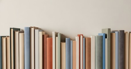 Stacks of Books Arranged Neatly on a Shelf against a Cream-Colored Wall Surface