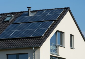 Fototapeta premium Moderne Einfamilienhausarchitektur mit vollständig integrierten Solarmodulen auf dem Dach für nachhaltige Energieerzeugung und Klimaschutz, investition, paneele, Solardach