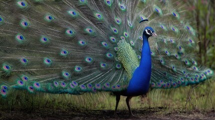 Obraz premium A peacock displays its colorful feathers in a garden setting. The bright colors and patterns attract attention. This scene takes place on a sunny day in nature.