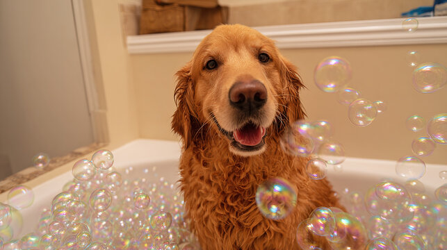 Happy Golden Retriever dog sitting in bathtub with soap bubbles. Pet grooming, hygiene and washing concept. - Powered by Adobe