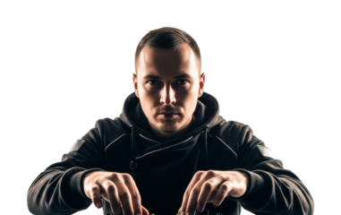 Young man in dark hoodie with intense gaze and focused hands, appearing to operate professional music equipment with serious concentration.