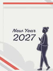 Naklejka premium New Year 2027 Graphic – Bold Typography with Walking Silhouette, Phone and Bag in Geometric Red-Grey Layout