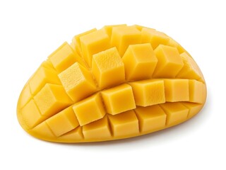 Fresh Mango Cut in Half Cubed and Diced Isolated on White.