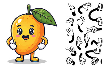 Vintage Cartoon Mascot Set. Retro mango character with different facial expressions, arms, legs, eyes and emotions. Design for animation. Flat vector illustration collection isolated on background