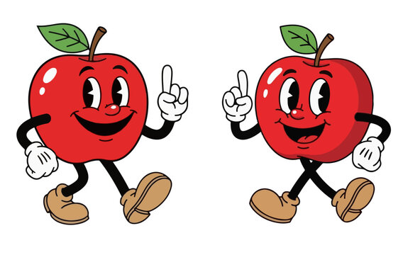 Whimsical animated two red apple character walking with a happy expression and a raised index finger