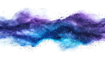 Cosmic watercolor nebula with vibrant blues and purples speckled with stardust against a white background.