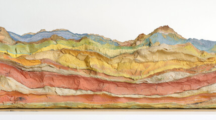 Colorful geological layers create a sculpted mountain profile showcasing strata of rock and earth.