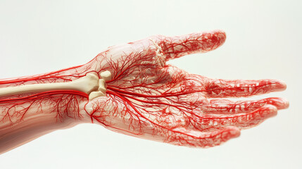 Detailed anatomical rendering of a human hand and forearm showcasing intricate red arterial networks and beige wrist bones.