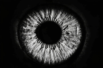 Extreme close-up of a human iris highlighting its intricate texture and patterns in dramatic black and white.