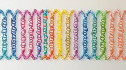 Rainbow DNA strands representing diversity and the building blocks of life form a vibrant connected chain.