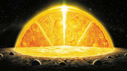 Stellar core eruption with surrounding celestial bodies in a starfield.