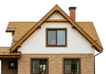 Closeup of a modern house facade with brown roof tiles, brick siding, and windows, isolated on transparent background