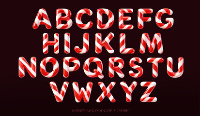 Holiday Alphabet in 3D Glossy Candy Cane Style Letters Isolated on Dark Maroon Gradient Background &ndash; Sweet Candy Cane Font Set for Holiday Cards, Winter Posters, Seasonal Branding, etc.