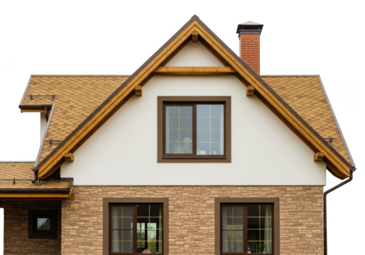 Closeup of a modern house facade with brown roof tiles, brick siding, and windows, isolated on transparent background - Powered by Adobe