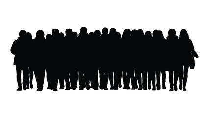 A large group of people standing together a striking black silhouette
