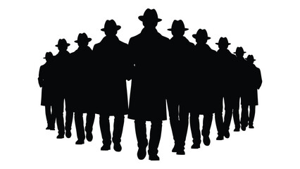 A group of men in hats standing together a striking silhouette