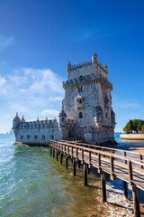 Historic 16th-century Torre de Belem, a Lisbon landmark on the banks of the Tagus River in Portugal.