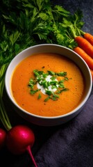 Creamy carrot soup garnished with herbs, surrounded by fresh vegetables on a dark textured surface
