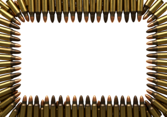 Rifle cartridges arranged in a rectangular frame create a powerful and striking border on a dark, ominous surface, symbolizing conflict and danger.