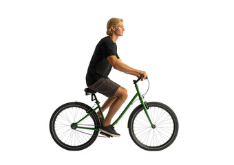 Obraz premium Young blond man riding a green bicycle in profile view isolated on a transparent background male hair