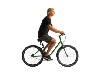 Young blond man riding a green bicycle in profile view isolated on a transparent background male hair