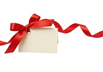 Gift tag with red ribbon tied in bow isolated on transparent background for decoration or celebration