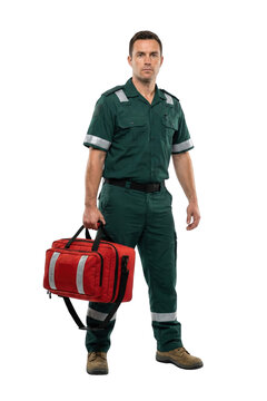 Male paramedic holding red first aid kit bag. Emergency medical service concept