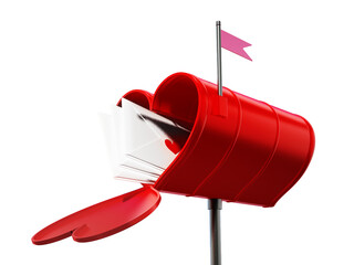 Open heart shaped mailbox full of love letters on transparent background. 3D illustration